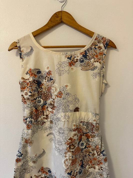 Handmade Cream Floral Sleeveless Shift Dress with Waist Tie | Size Small
