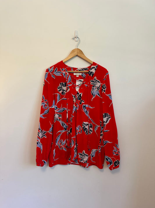 Yumi Kim Red Floral Print Lace-Up Silk Blouse | Size Large