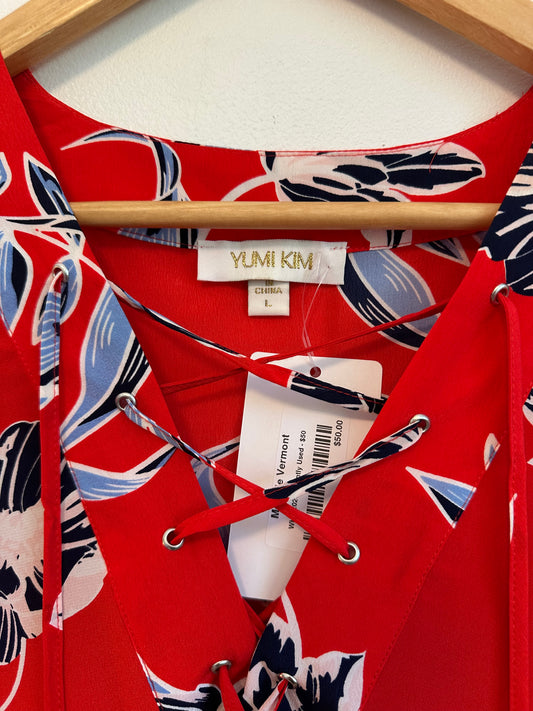 Yumi Kim Red Floral Print Lace-Up Silk Blouse | Size Large