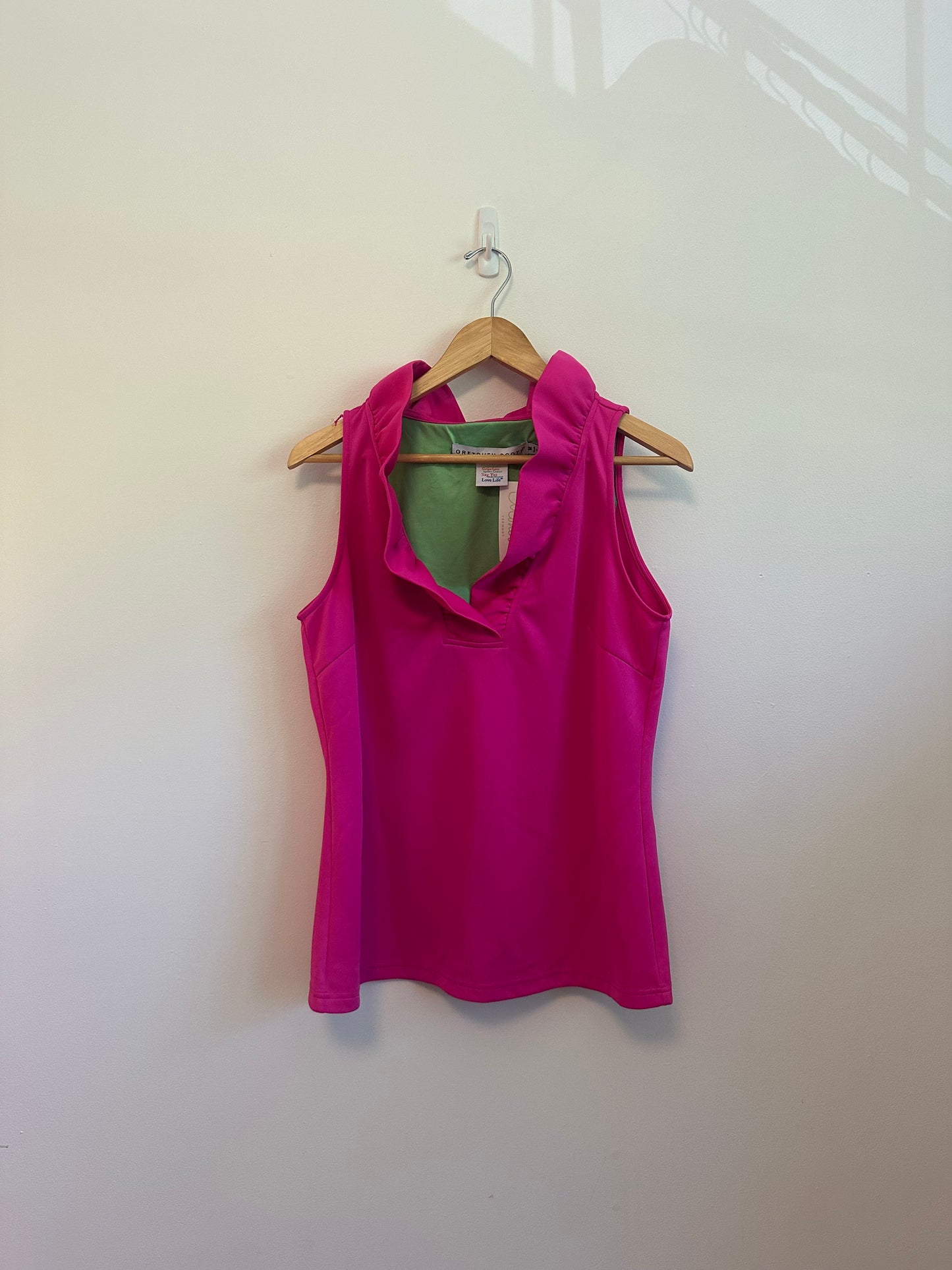 Gretchen Scott Designs Pink Ruffle Neck Sleeveless Blouse | Size Medium