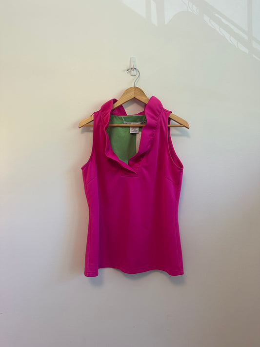Gretchen Scott Designs Pink Ruffle Neck Sleeveless Blouse | Size Medium