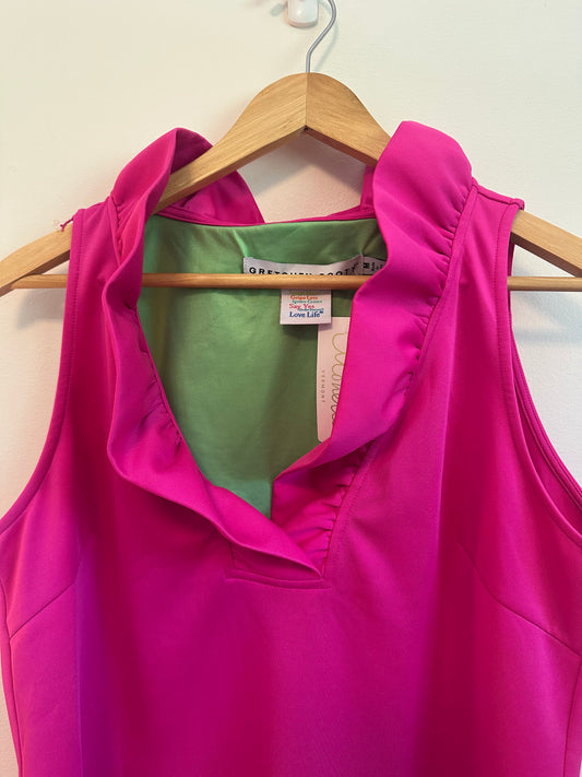 Gretchen Scott Designs Pink Ruffle Neck Sleeveless Blouse | Size Medium