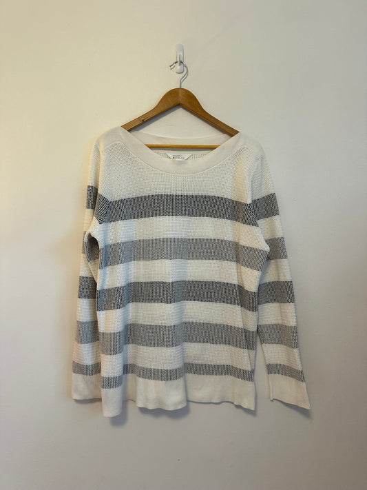Market & Spruce White and Grey Striped Boat Neck Knit Sweater | Size XXL