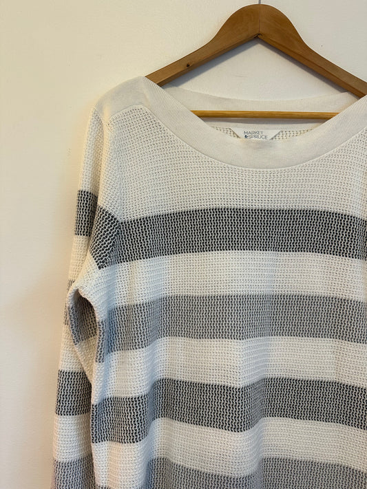 Market & Spruce White and Grey Striped Boat Neck Knit Sweater | Size XXL