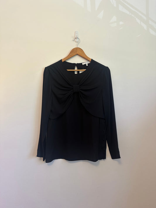 Milly Bow Front Side Button Silk Blouse in Black | Size 10