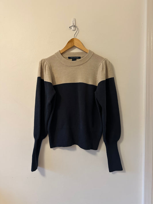 French Connection Babysoft Puff Sleeve Colorblock Sweater in Navy and Tan