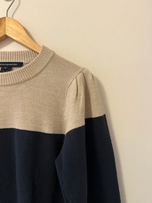 French Connection Babysoft Puff Sleeve Colorblock Sweater in Navy and Tan