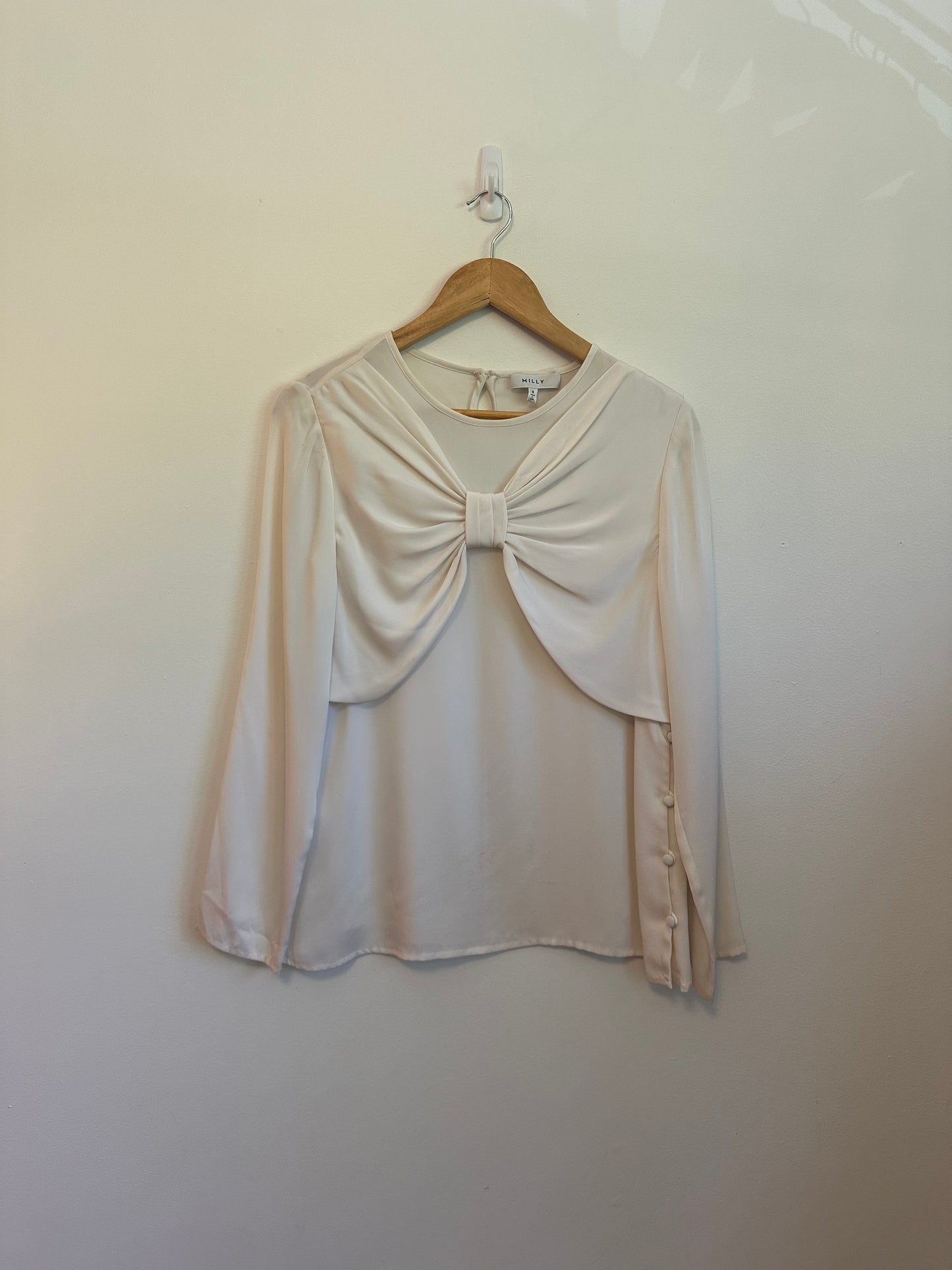 Milly Cream Bow Front Side Button Silk Blouse | Size 8