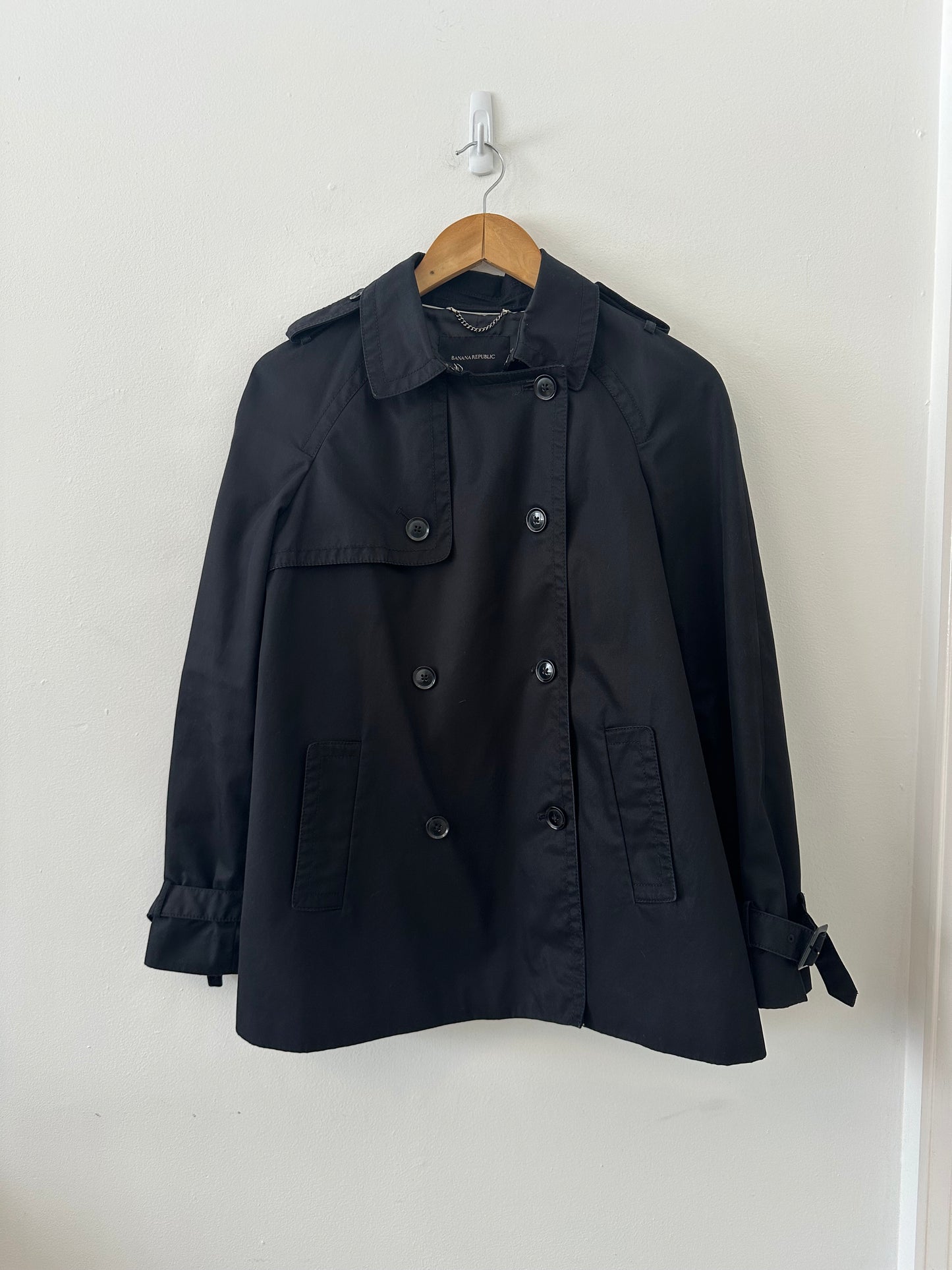 Banana Republic Black Short Classic Cotton Trench Coat | Size Small