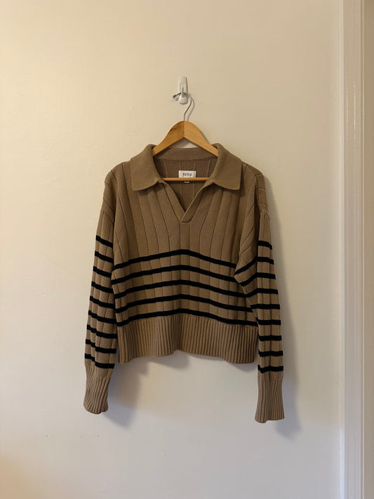 Pistola Arlo Collared Sweater in Tan Noir Stripe | Size Medium