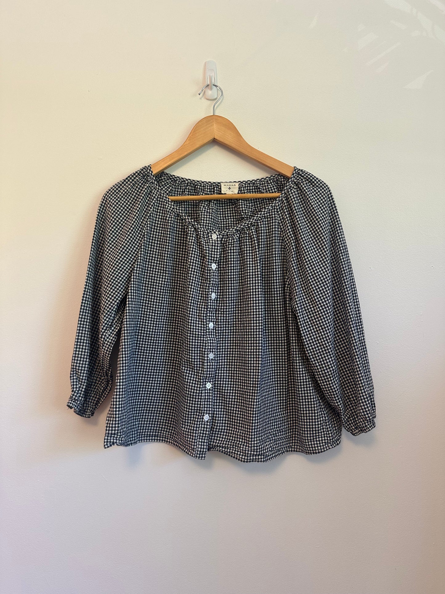 Marea Sophie Button Front Navy and White Cotton Gingham Top | Size Medium