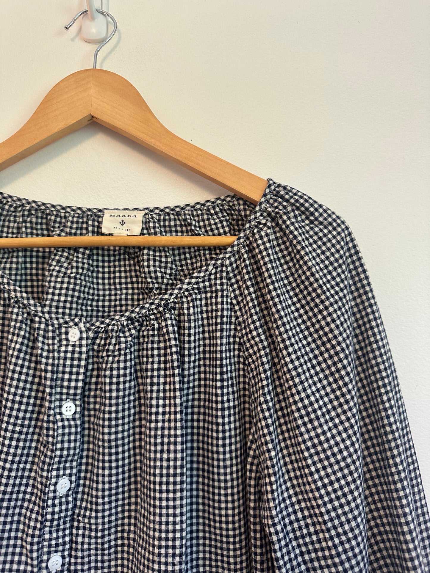 Marea Sophie Button Front Navy and White Cotton Gingham Top | Size Medium