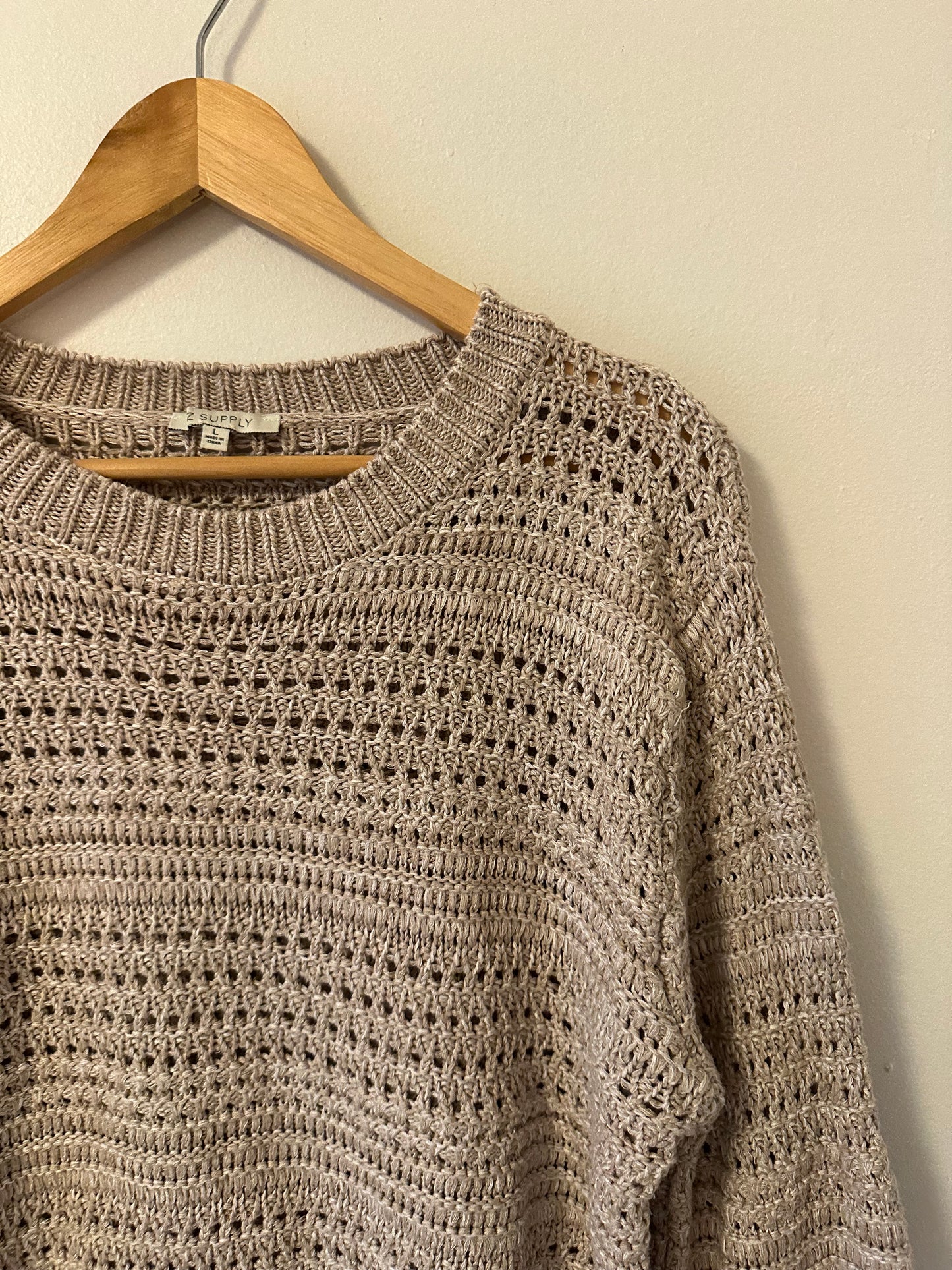 Z Supply Montalvo Crew Neck Crochet Sweater in Natural Brown | Size Large