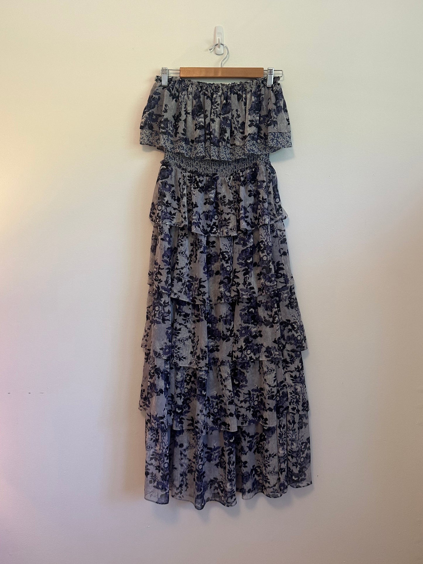 Misa Los Angeles Nadia Strapless Maxi Dress in Blue Floral Chiffon | Size Medium