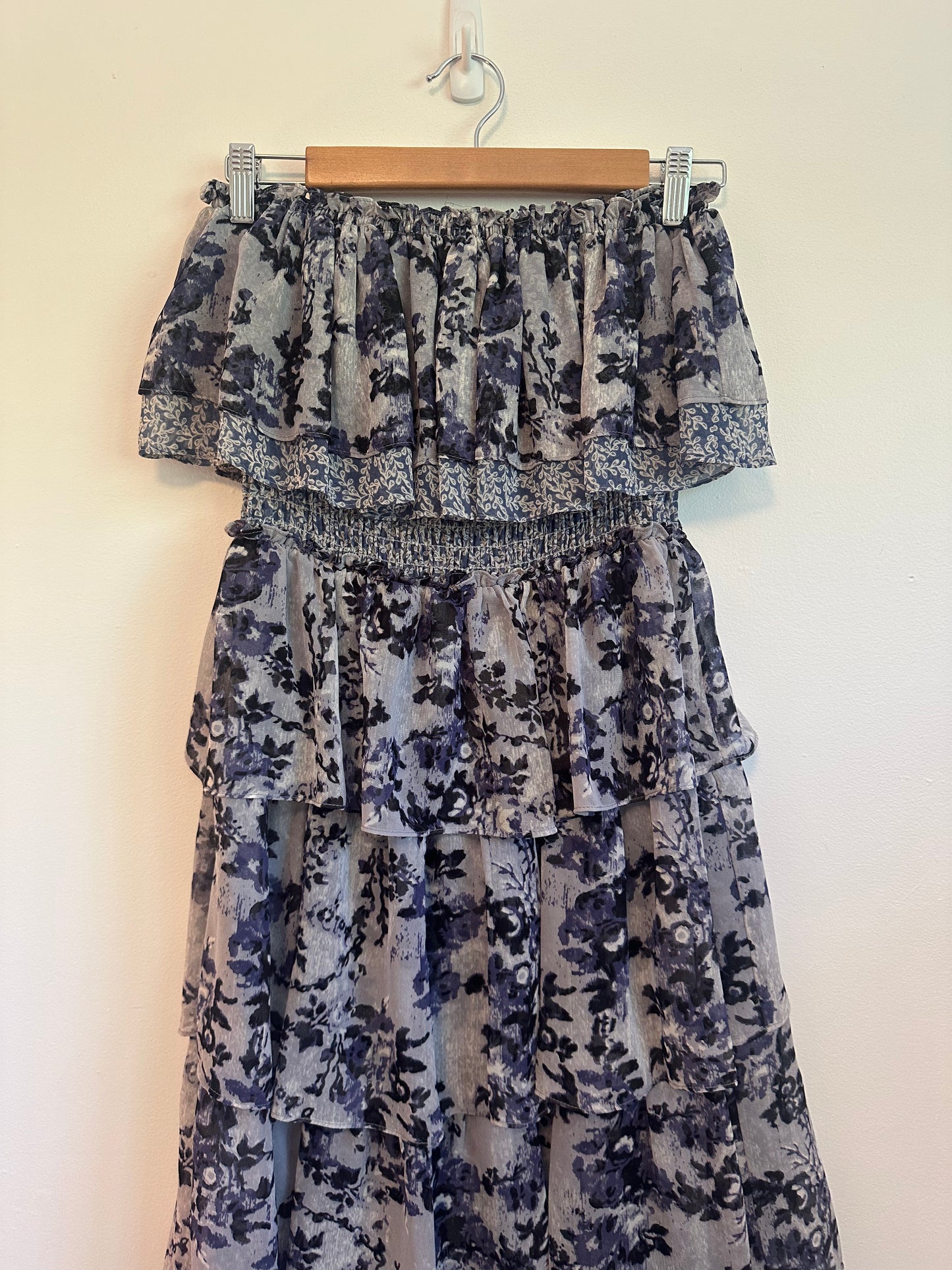 Misa Los Angeles Nadia Strapless Maxi Dress in Blue Floral Chiffon | Size Medium