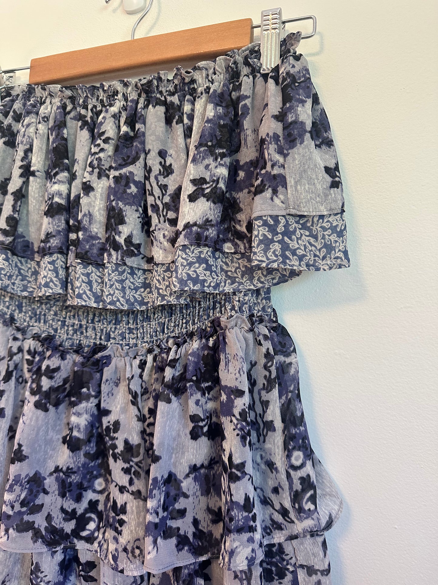 Misa Los Angeles Nadia Strapless Maxi Dress in Blue Floral Chiffon | Size Medium