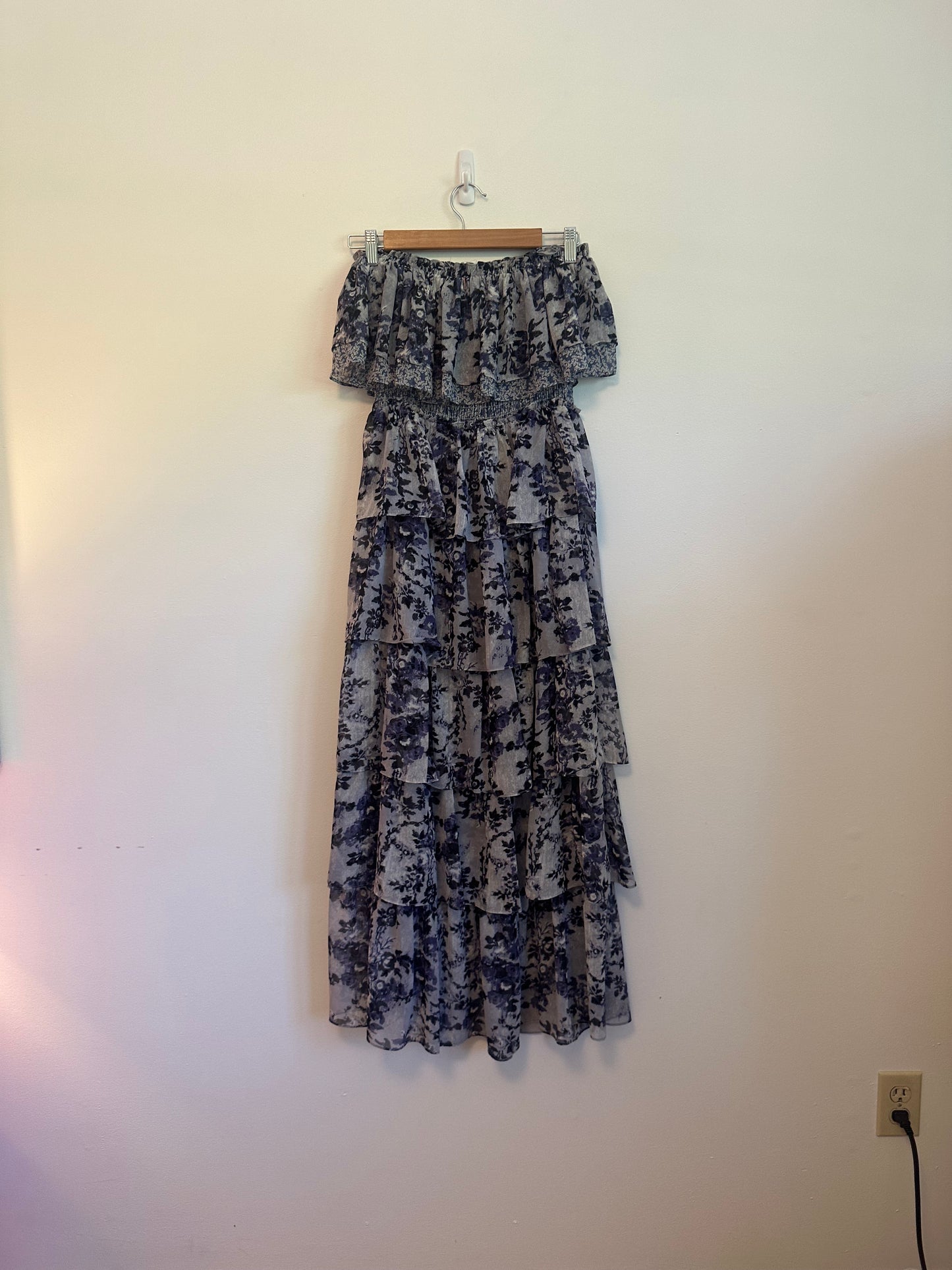 Misa Los Angeles Nadia Strapless Maxi Dress in Blue Floral Chiffon | Size Medium