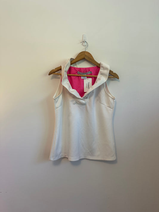 Gretchen Scott Designs White Ruffle Neck Sleeveless Blouse | Size Medium