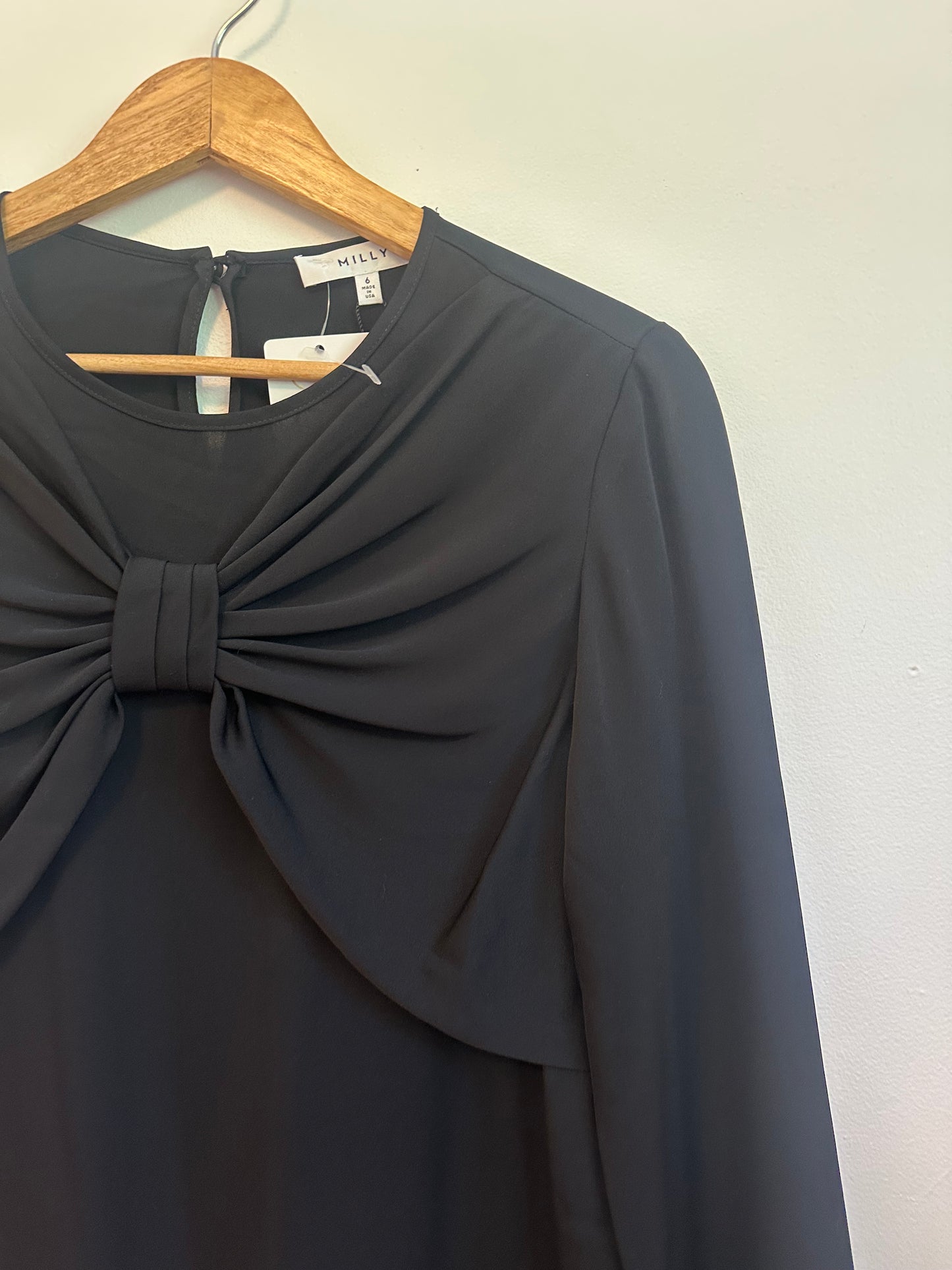 Milly Bow Front Side Button Silk Blouse in Black | Size 10