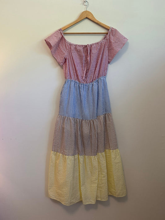English Factory Colorblock Seersucker Tiered Cotton Dress | Size Medium