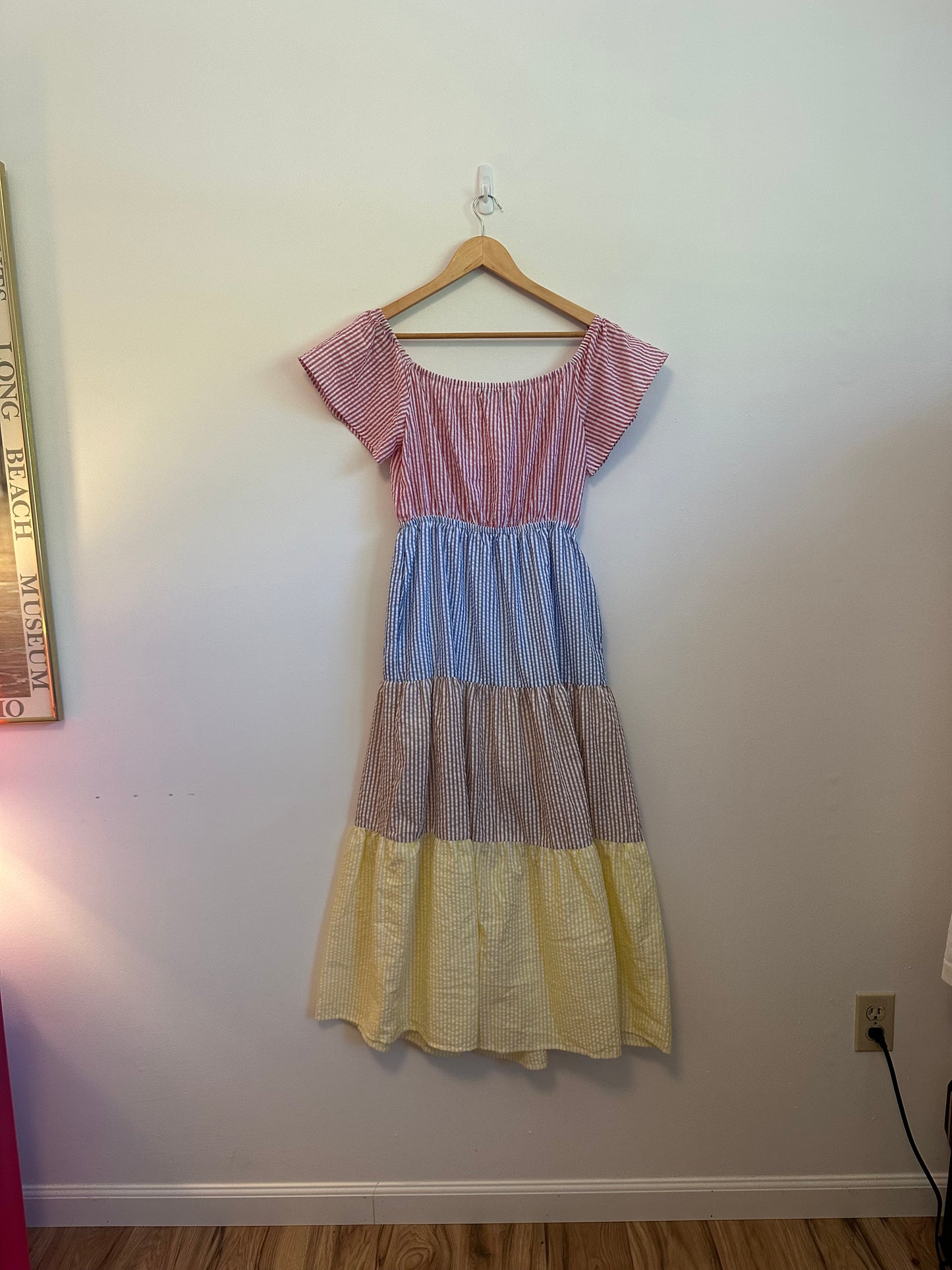 English Factory Colorblock Seersucker Tiered Cotton Dress | Size Medium