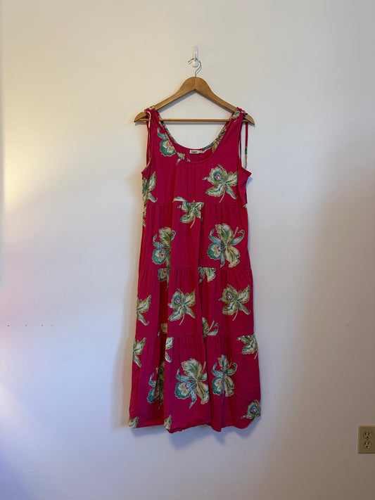 Faherty Lanai Seersucker Pink Tropical Floral Tiered Dress | Size Medium