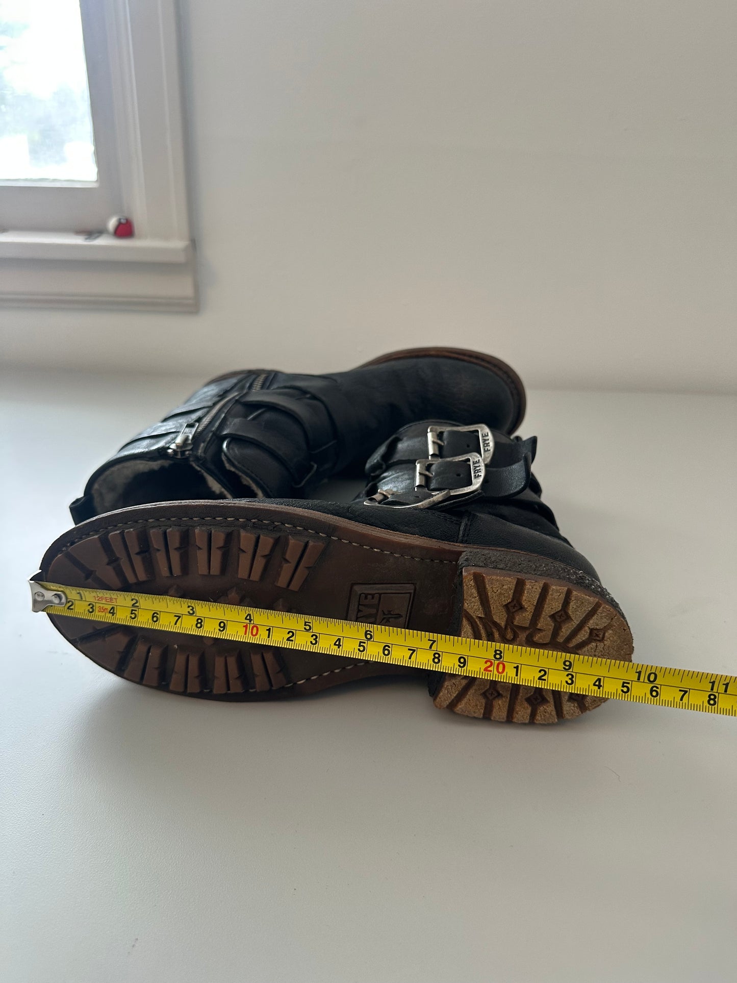 Frye Valerie Black Leather Shearling Lined Strappy Buckle Moto Boots |  Size 6.5