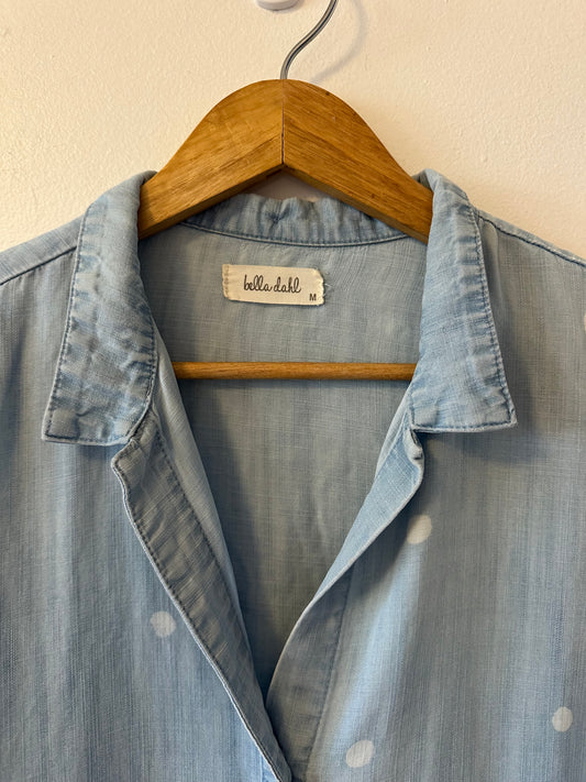 Bella Dahl Frayed Lightweight Chambray Denim Polka Dot Blouse | Size Medium