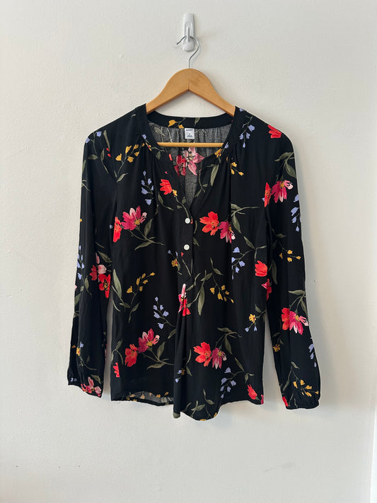 Old Navy Black Floral Henley Blouse Shirt | Size Small