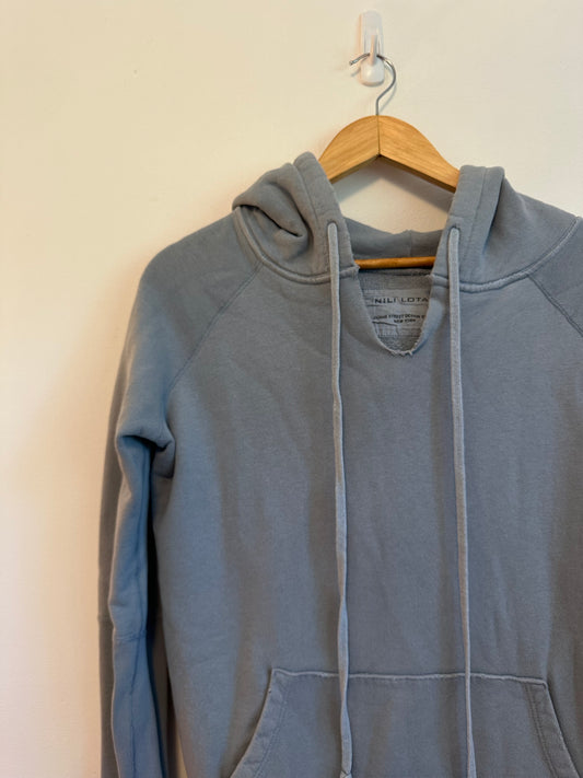 Nili Lotan Janie Blue Gray Cotton French Terry Raw Hem Hoodie | Size Small