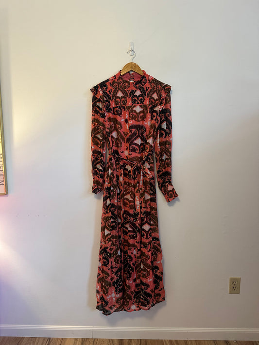 NWT Oliphant Uzbek Brick Pink Brown Lurex Smocked Neck Maxi Dress | Medium