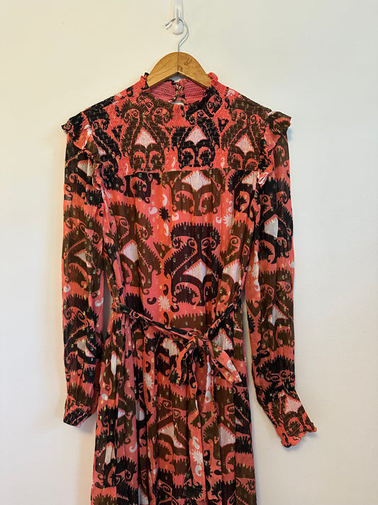 NWT Oliphant Uzbek Brick Pink Brown Lurex Smocked Neck Maxi Dress | Medium