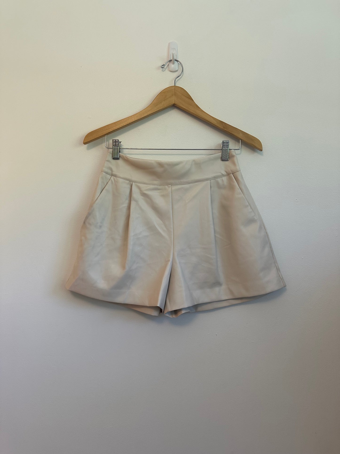 Susana Monaco Faux Leather Pleated Shorts in Almond Beige | Size Small