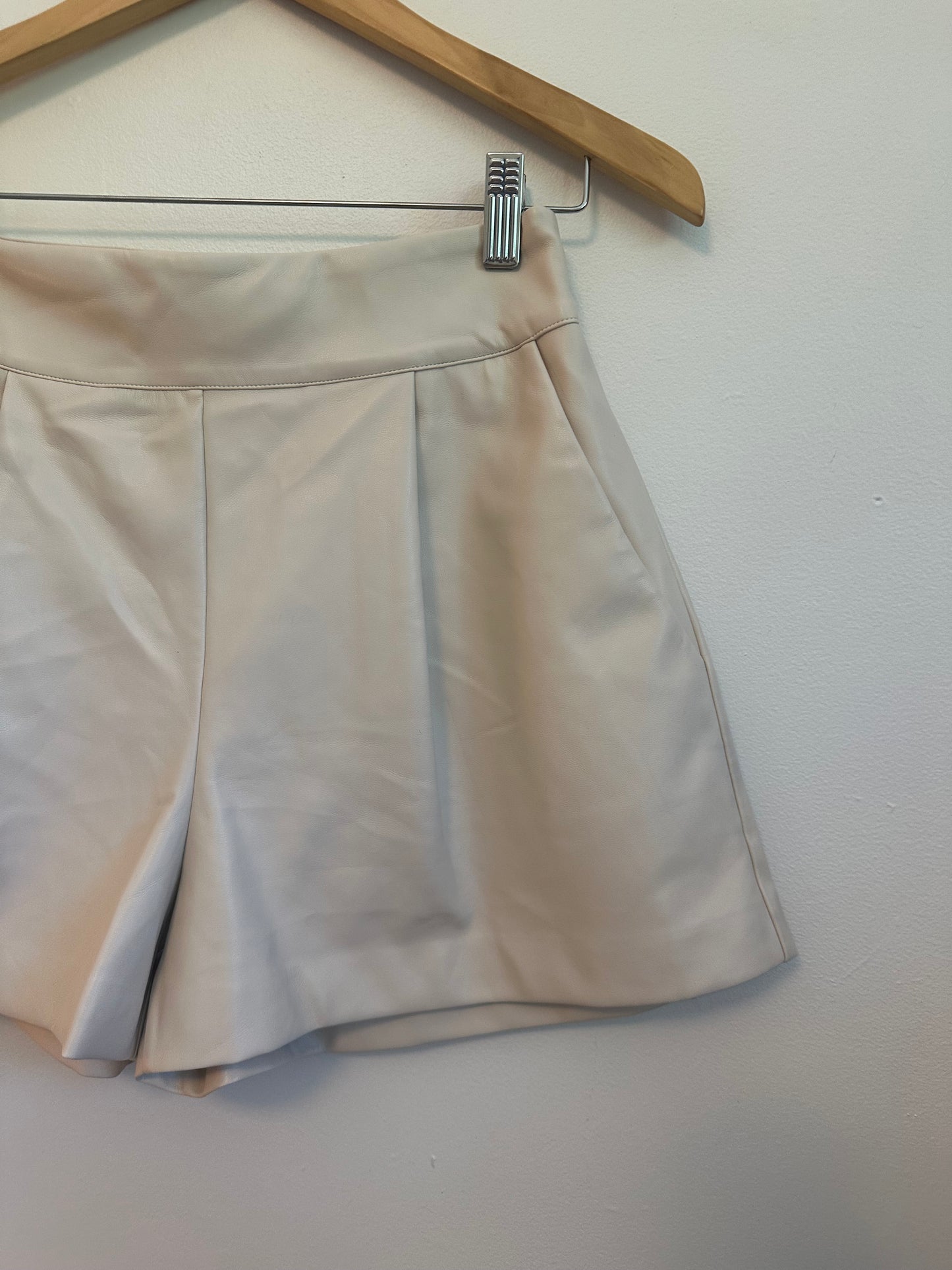 Susana Monaco Faux Leather Pleated Shorts in Almond Beige | Size Small