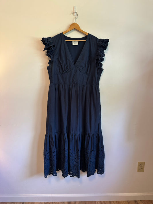 Hyacinth House Navy Blue Eyelet Flutter Sleeve Smocked Midi Dress | Size XXL