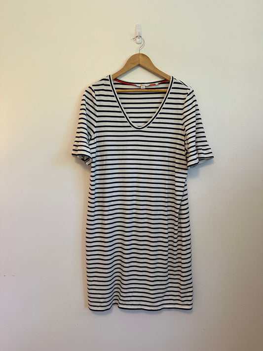 Boden Navy and White Striped V-Neck Ruffle Sleeve T-Shirt Dress | Size 14