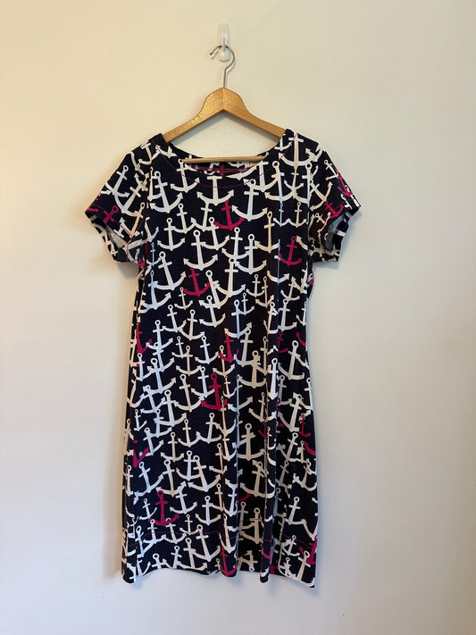 Hatley Navy Blue and Pink Anchor Print Cotton T-Shirt Dress | Size Large