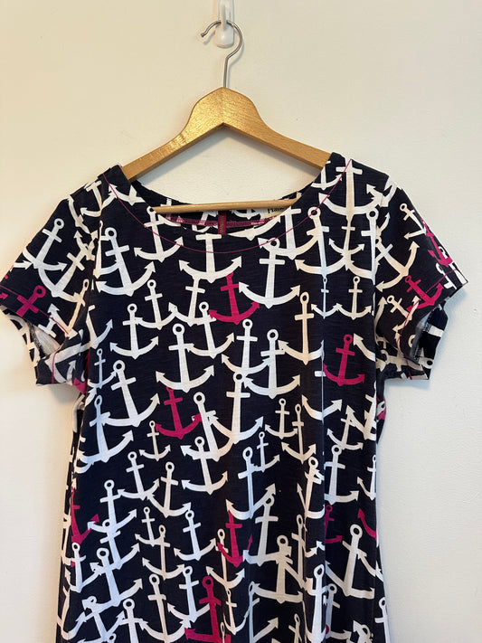 Hatley Navy Blue and Pink Anchor Print Cotton T-Shirt Dress | Size Large