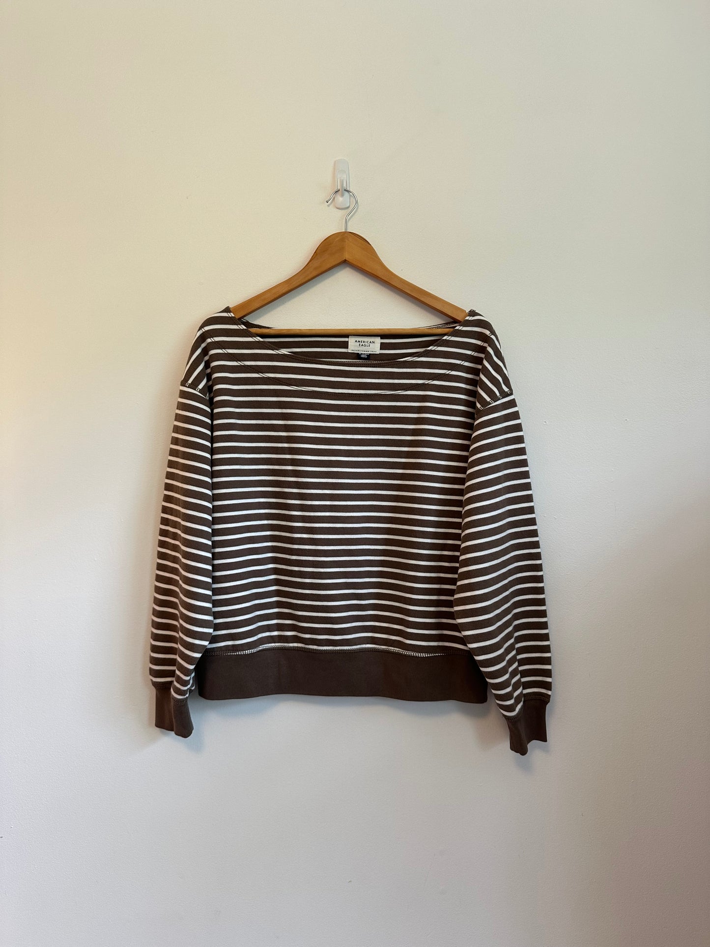 American Eagle Brown and White Stripes Boatneck Sweatshirt | Size XS
