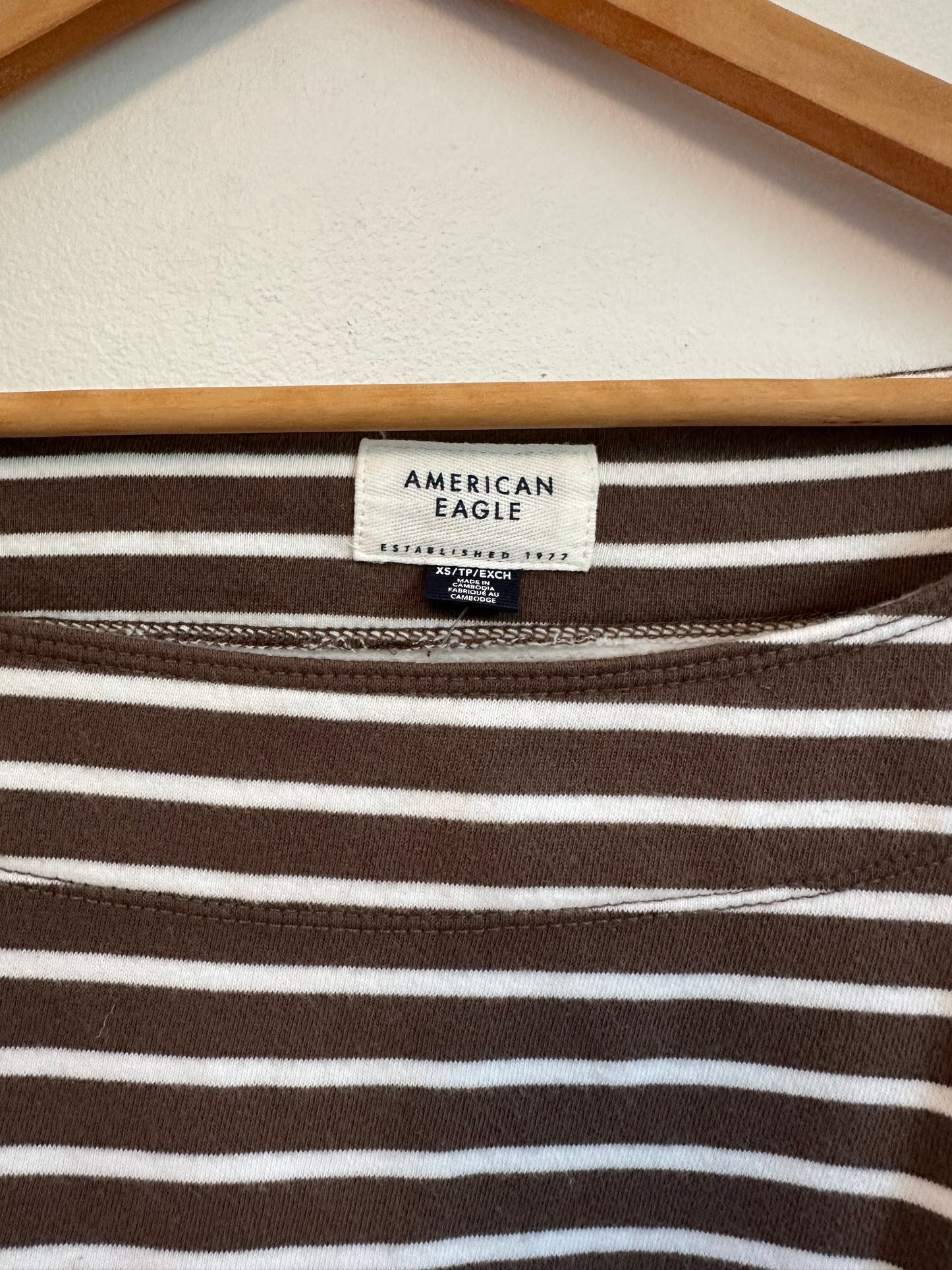 American Eagle Brown and White Stripes Boatneck Sweatshirt | Size XS