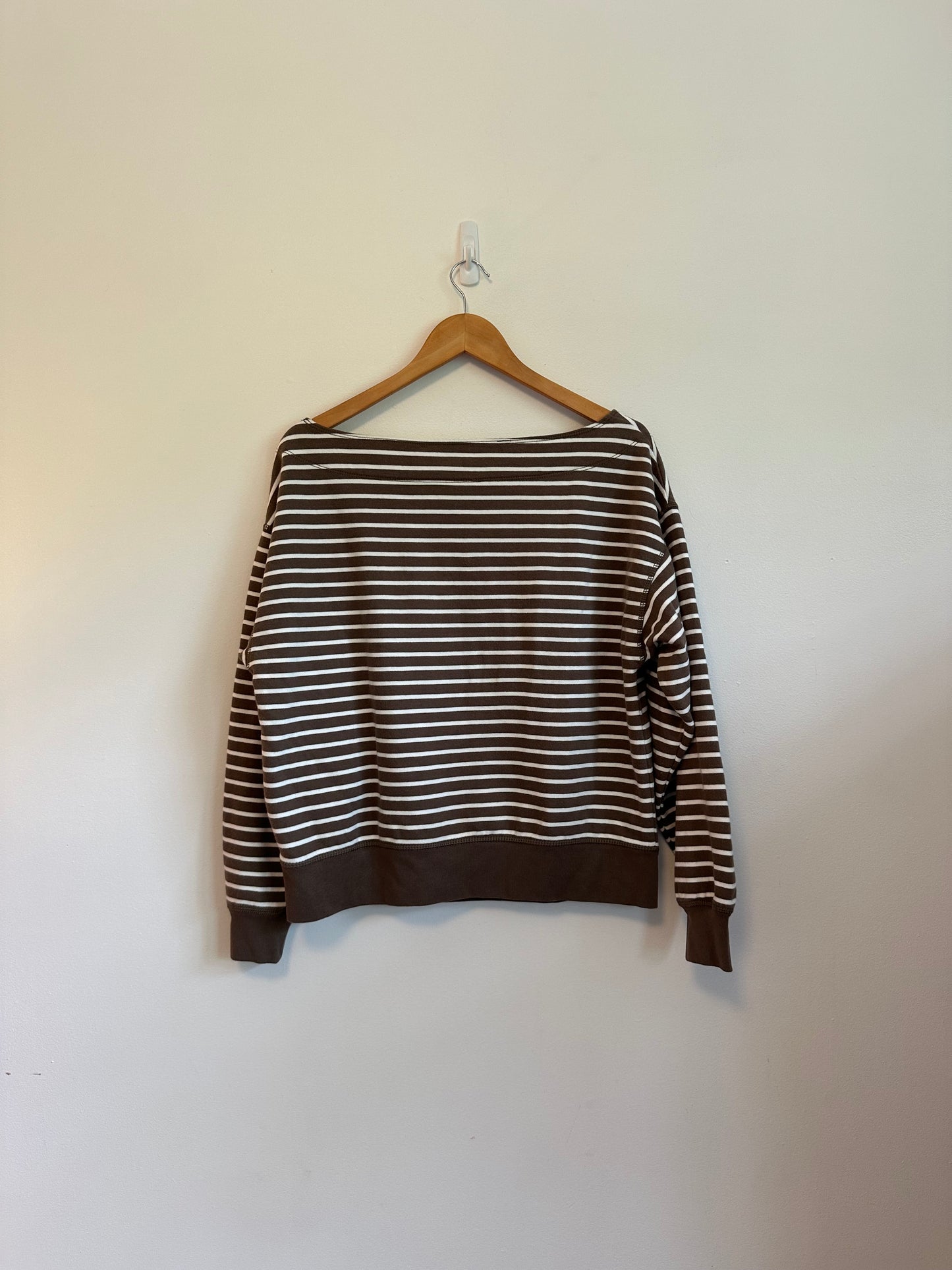 American Eagle Brown and White Stripes Boatneck Sweatshirt | Size XS