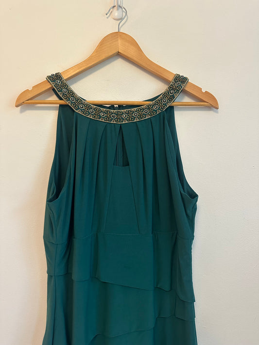 White House Black Market Forest Green Tiered Embellished Halter Dress | Size 14