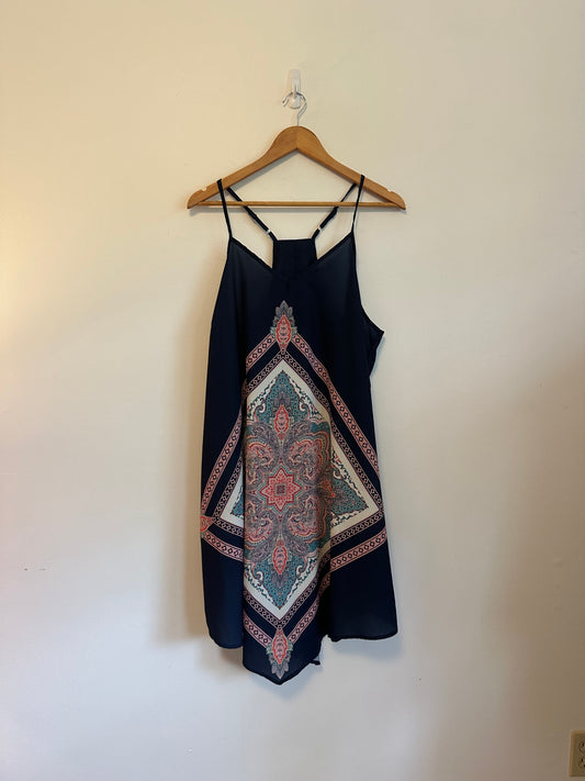 New York & Company Navy Paisley Medallion Racerback Handkerchief Dress | Size XL