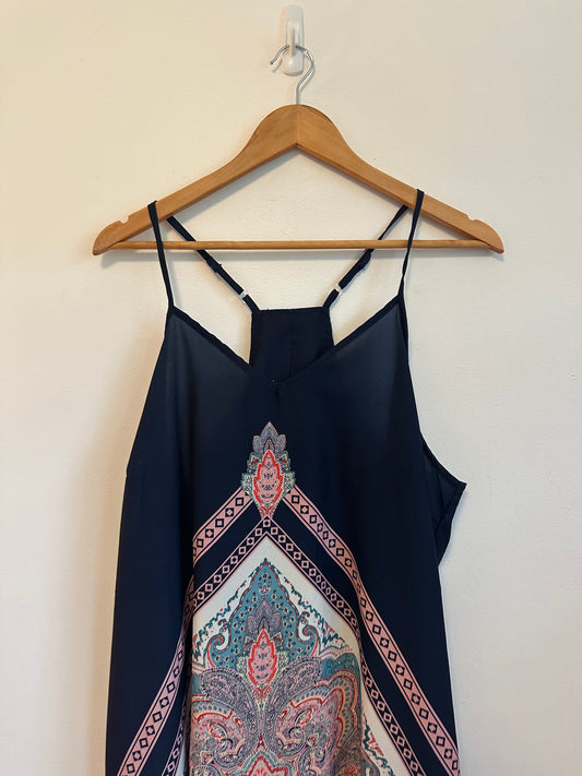 New York & Company Navy Paisley Medallion Racerback Handkerchief Dress | Size XL