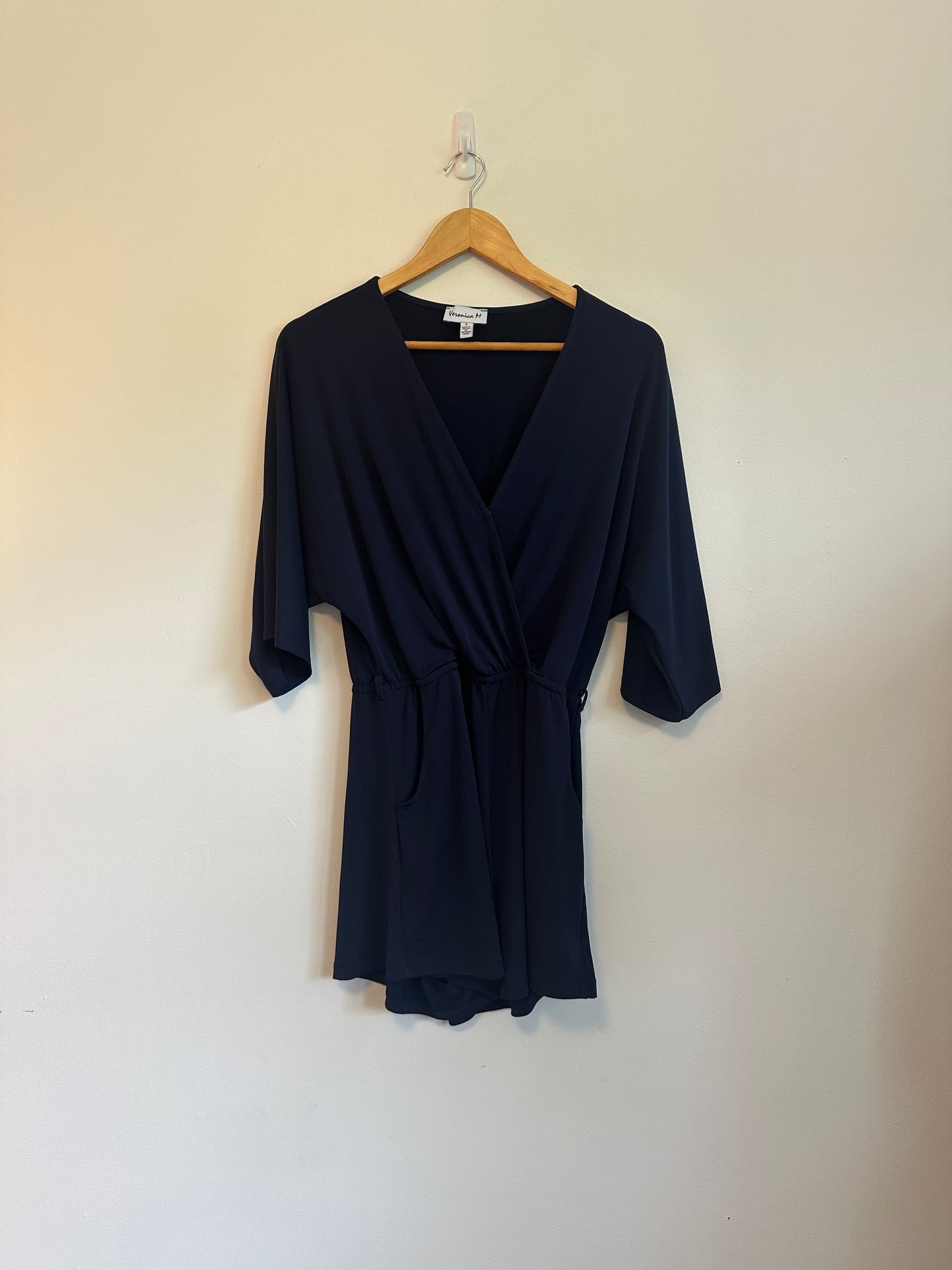 Veronica M Navy Blue Kimono Sleeve Stretch Romper | Size Small