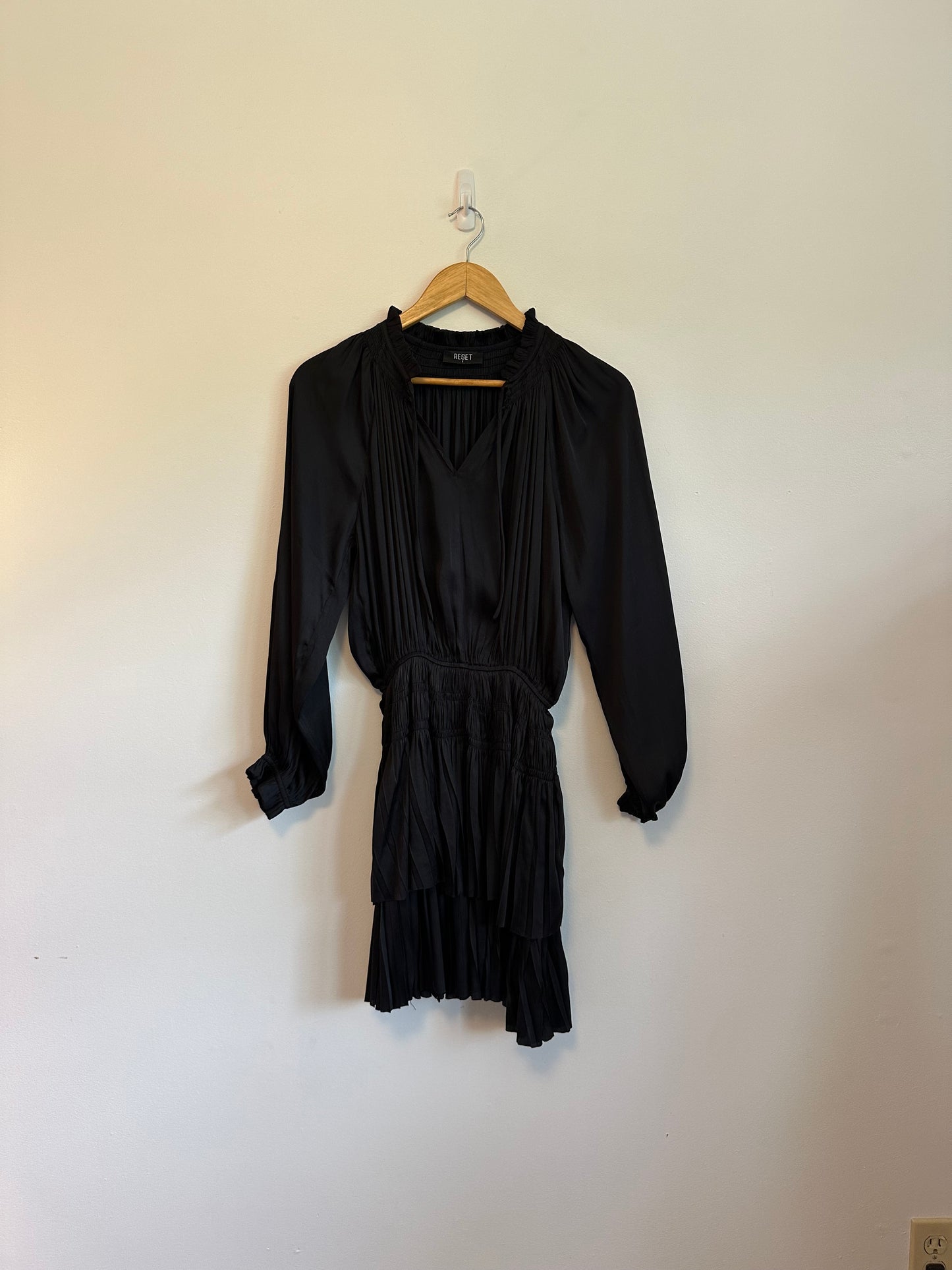 Reset by Jane Kate Satin Smocked Long Sleeve Mini Dress in Black | Size Small