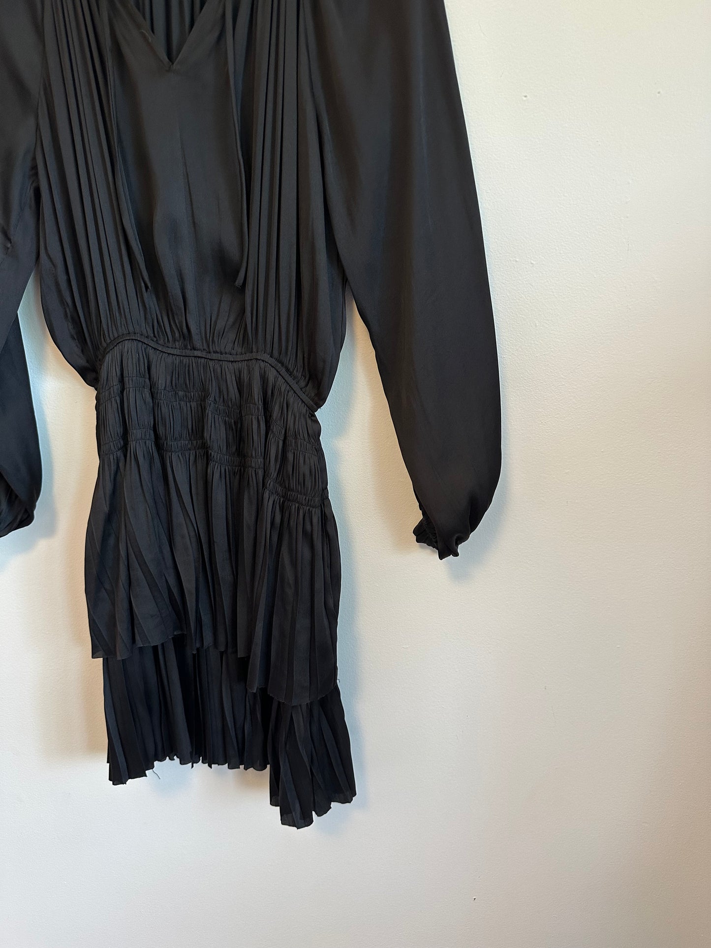 Reset by Jane Kate Satin Smocked Long Sleeve Mini Dress in Black | Size Small
