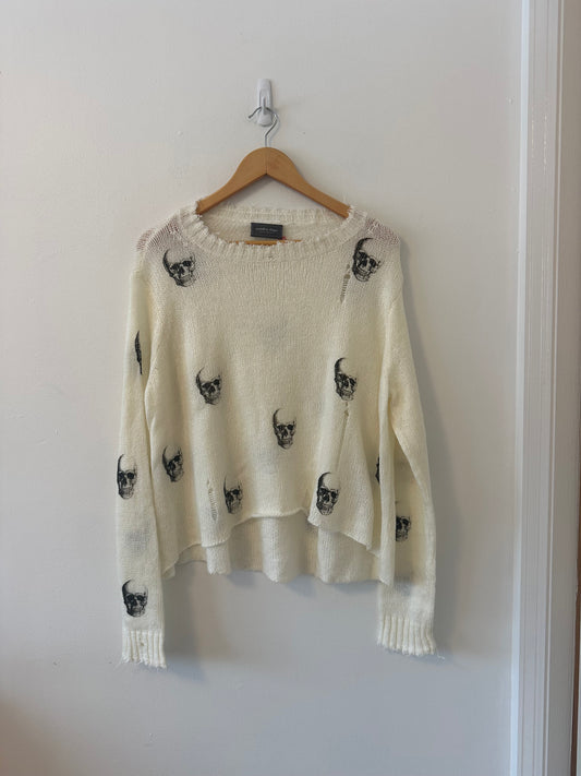 Wooden Ships Skull Printed Distressed Lightweight Sweater | Size Small