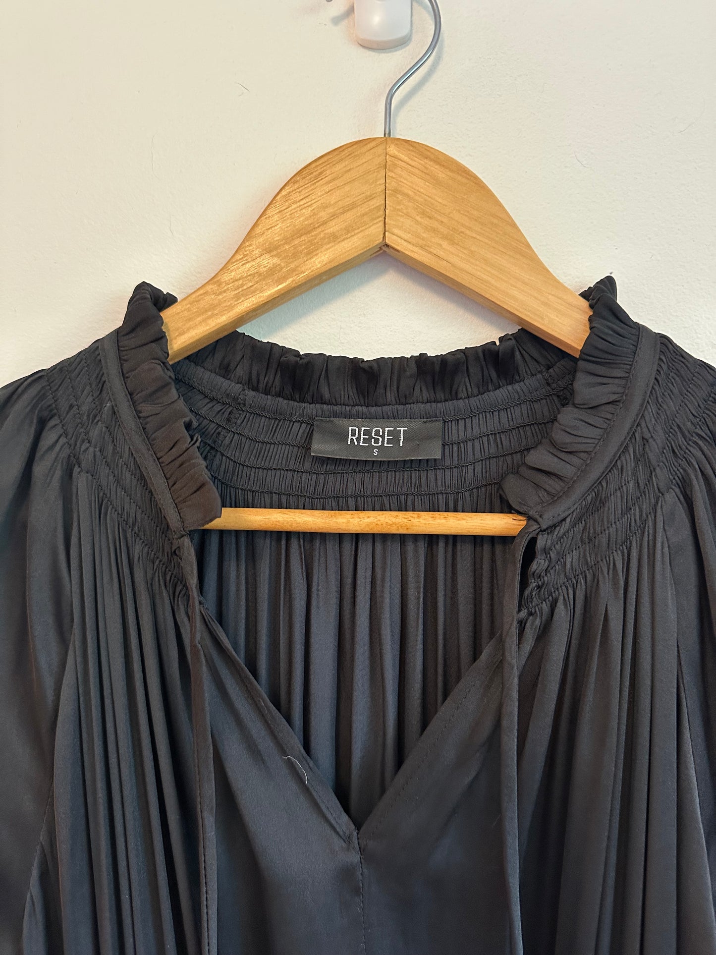 Reset by Jane Kate Satin Smocked Long Sleeve Mini Dress in Black | Size Small