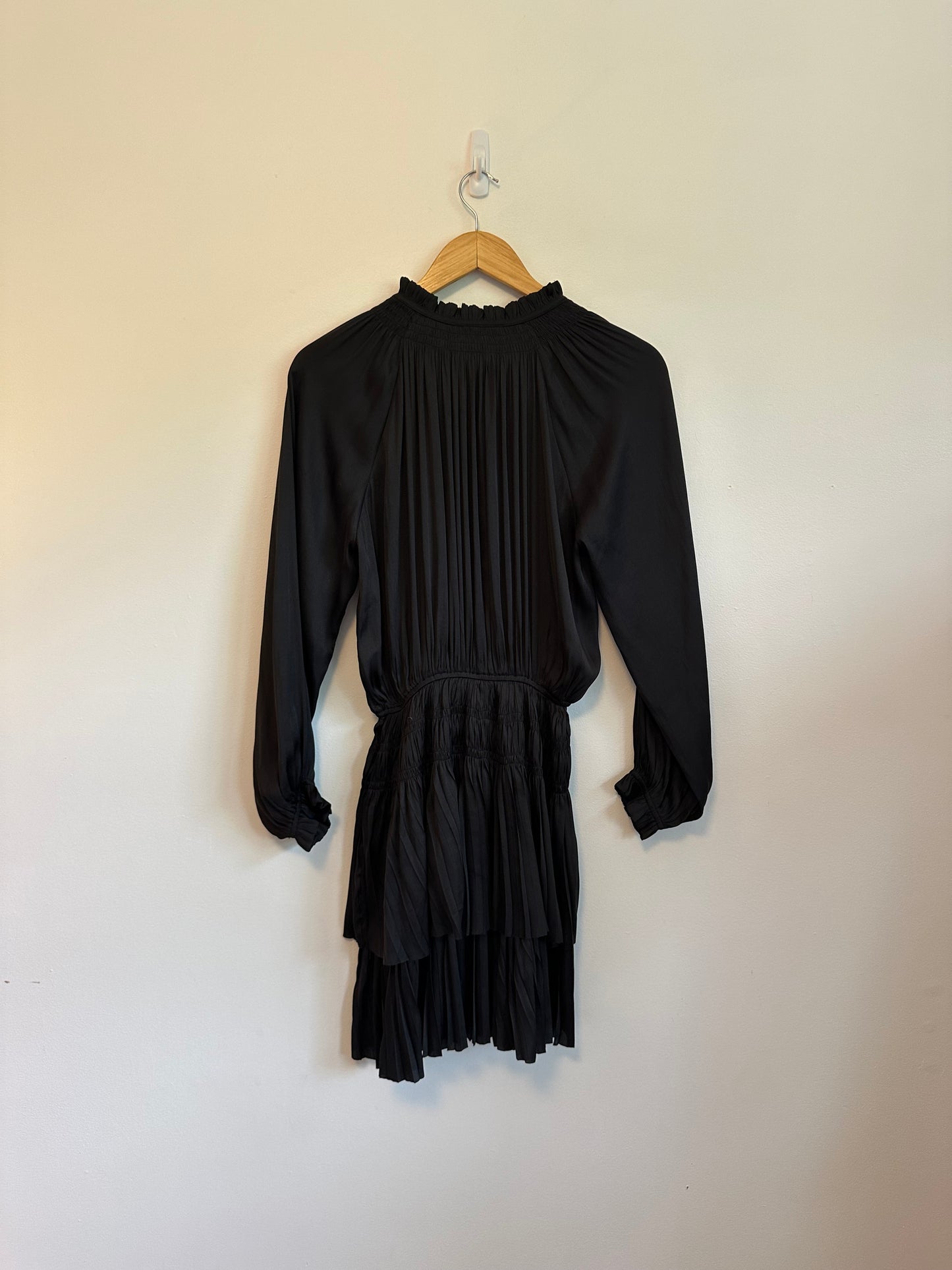 Reset by Jane Kate Satin Smocked Long Sleeve Mini Dress in Black | Size Small